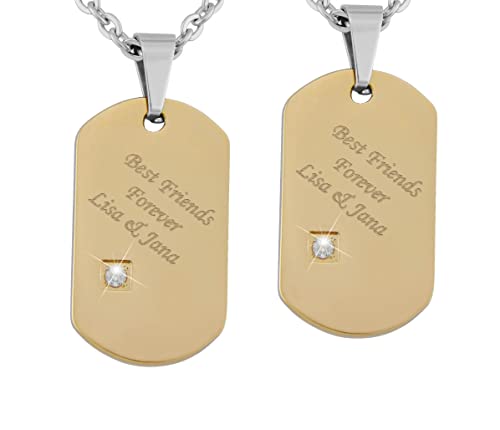 Hanessa 2 Stück Personalisierte Kette mit Gravur Edelstahl 50 cm mit Anhänger Dog Tag mit Strass-Stein in silber gold - Personalisierte Geschenke für Damen Herren Freundin Freund - Partner Halskette