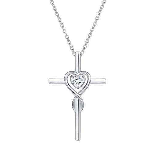 Damen Halskette mit Unendlichkeit Symbol Kreuz Anhänger Kette Infinity aus 925 Sterling Silber mit Zirkonia Edelstein Herz Form - Verstellbar Kettenlänge: 40 + 5 cm
