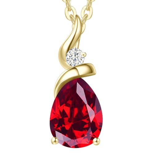 FANCIME Solide 14 Karat 585 Gelb Gold Anhänger Kette mit Tropfen Rubin und echt Diamant Geschenk Schmuck für Damen, 925 Silber Kette: 40 + 5 cm