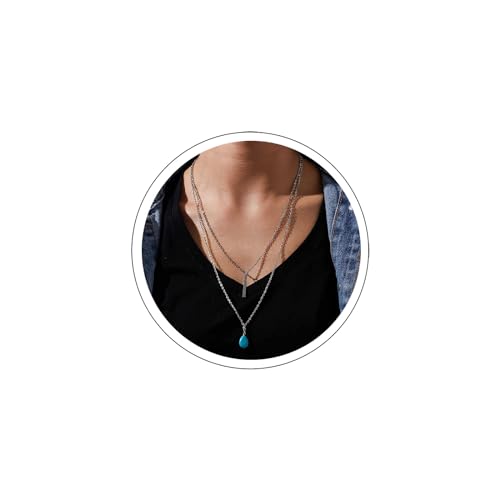 Atentuyi Boho Geschichtet Teardrop Türkis Halskette Choker Blau Türkis Anhänger Halskette Silber Bar Halskette Kette Türkis Stein HalsketteSchmuck Für Frauen Mädchen