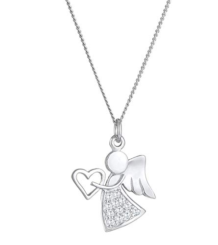 Damen Halskette mit Engel Herz Symbol Anhängern besetzt mit Zirkonia Kristalle, Silberkette Talisman aus 925 Sterling Silber, Kette mit Schutzengel für Frauen und Mädchen, Länge 45cm