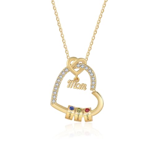 Gaosh Personalisierte Namenskette für Mama Damen Kette mit Namen Gravur Herzkette mit Geburtssteinanhänger für Mama Muttertagsgeschenke für Mama (3 namen)