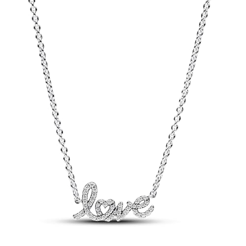 PANDORA Moments Funkelnde Handgeschriebenes Love Collier-Halskette aus Sterling Silber mit Zirkonia, Länge: 45cm, 393076C01-45