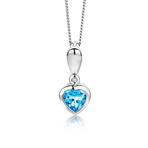 Miore Kette - Halskette Damen Weißgold 9 Karat / 375 Gold Kette mit Herz Blauer Topas mit Diamant Brilliant 45 cm