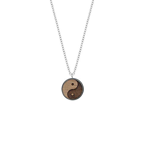 Eydl Wood Jewelry Hochwertige Edelstahlkette Skyla mit Anhänger Yin&Yang aus Edelstahl und Nussholz, 44 cm Länge, Durchmesser Amulett 17 mm