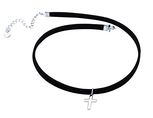Yumilok Frauen Damen Mädchen Choker Kette Halskette mit Kreuz Anhänger Choker Halskette Halsband Schwarz Seil Leder