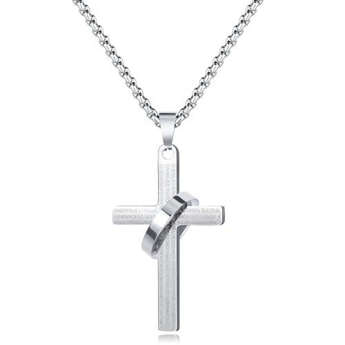 CyxenNova Kreuz Kette Herren Halskette Mit Ring, Edelstahl Silberkette Mit Anhänger, Königskette Silber, Kruzifix Mit Schriftzug, Schmuck Geschenke