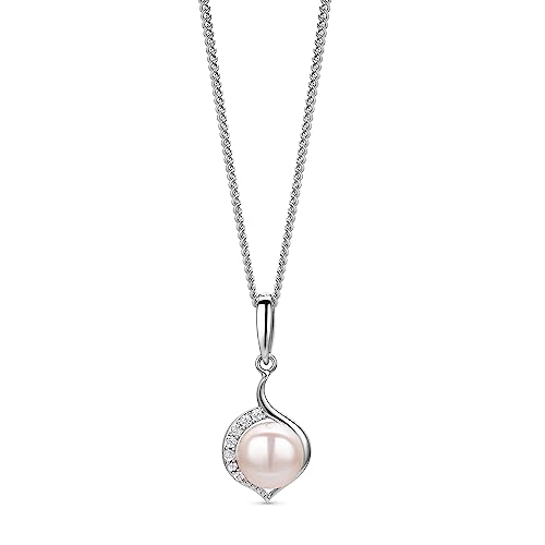 Orovi Schmuck Damen Perlenkette mit einer weißen Süßwasser Zuchtperle umgeben von weißen Zirkonia in Brillantschliff Zeitlose klassische Perlen Silberkette Halskette aus 925 Sterling Silber, 46 cm