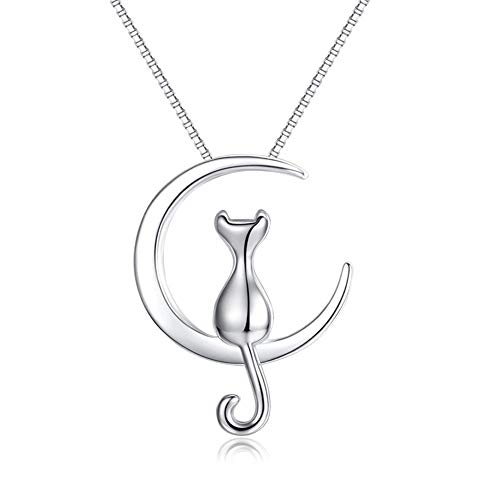 Kette Damen Halskette Silber 925 Anhänger, Anhänger Katze Silber, Kette Mond Anhänger, Halskette Kette Damen Silber 925 mit Anhänger, Schmuck Kette Katze Silber 925 Anhänger Mond Frauen Lang 40+5CM