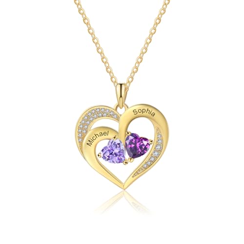 Jeweidea Personalisierte Namenskette 925 Sterling Silber Kette Damen Herz Anhänger mit Namen für Mama Oma Geschenk für Muttertag Valentinstag Weihnachten (Gold-2 name)