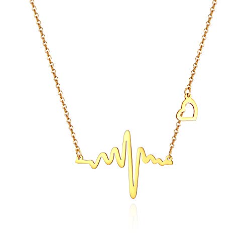 JewelryWe Schmuck Halskette Damen Edelstahl Herzschlag EKG Herz Charme Anhänger mit 18 Zoll Kette Muttertag Valentinstag Lieben Geschenk für Frau Mädchen, Gold