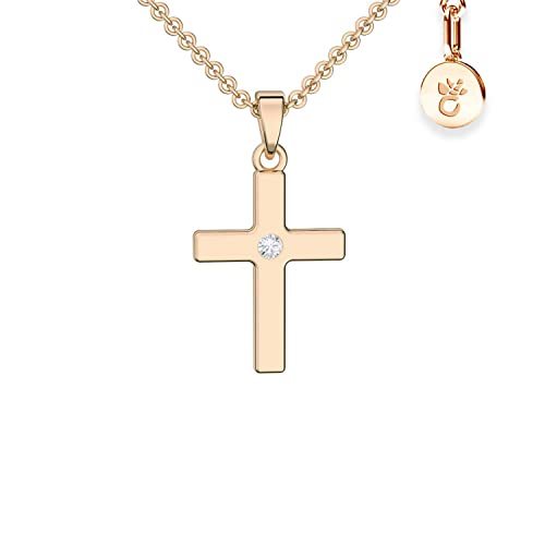 Amoonic Kreuz Kette Mädchen Rosegold (Silber 925 vergoldet)| Kreuz-Anhänger Halskette | Kinder-Schmuck Erst-Kommunion Tauf-Geschenk Konfirmation Firmung Geburt Taufe | Goldkette Kreuzkette Taufkette