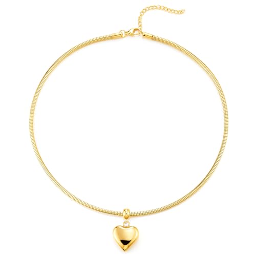 COOLSTEELANDBEYOND Herz Anhänger Glatt Gold Schlange Kette Choker Halskette für Damen, Statement Halskette, Halsband
