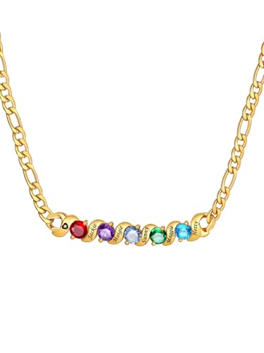 Custom4U Personalisierte Mutter Oma Kette Gold mit 5 Geburtsstein/Namen Gravur für Damen Frauen Edelstahl Figaro Namenskette 3.7mm breit Zirkonia Halskette Gold 46cm lang Modeschmuck Geschenke