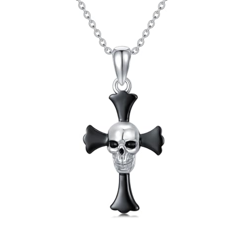 Shusukue Totenkopf Kette Gothic Silberkette mit Kreuz Anhänger Vintage Silber 925 Kruzifix Halskette für Herren