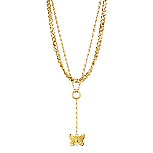 JewelryWe Schmuck Damen Halskette Layered Kette mit Schmetterling Anhänger Edelstahl Choker Silber Gold Geschenk für Damen Mädchen