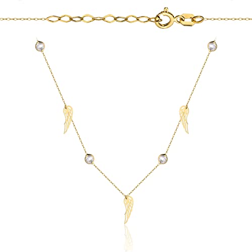 Goldene Damen Halskette 585 14k Gold Gelbgold Kette mit Anhänger Engelsflügel Zirkonia Gravur