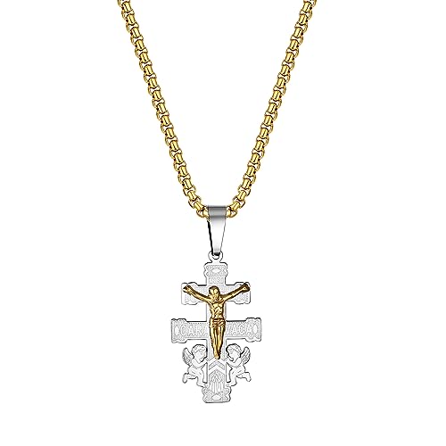 Flongo Kreuz Halskette mit Caravaca Doppelkreuz Jesus Engel Anhänger Silber Kette Edelstahl Kruzifix Cross Necklace Amulett Vintage Christlicher Schmuck für Damen Herren