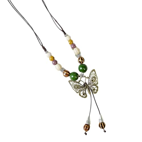 SAKEIOU Halskette mit Schmetterlings-Anhänger im Ethno-Stil, Vintage-Stil, handgefertigt, geflochtene Keramik-Perlen-Pullover-Kette, verstellbarer Winter-Schmuck