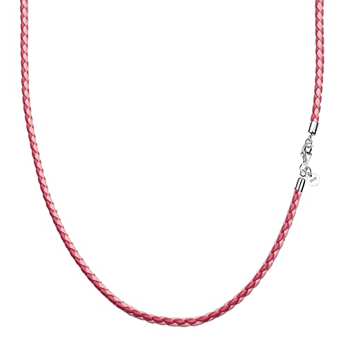 Viwind Echt leder Halskette 2.9mm breit geflochten Lederkette Lederband 45-65cm wählbar 925 Sterling Silber Vers chluss Damen Herren für DIY Anhänger braun schwarz rosa (55cm, Rot-Rosa)