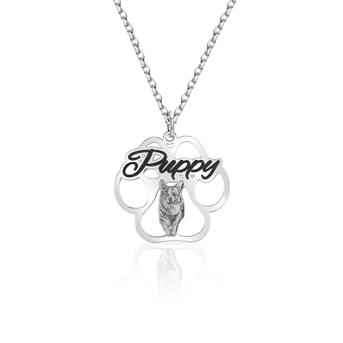 CSstone Personalisierte Haustier Portrait Halskette, gravierte Pfote Print Name kette, Haustier Memorial Geschenk, Benutzerdefinierte Hund Katze Foto Schmuck für Tierliebhaber, Hund Mama Papa