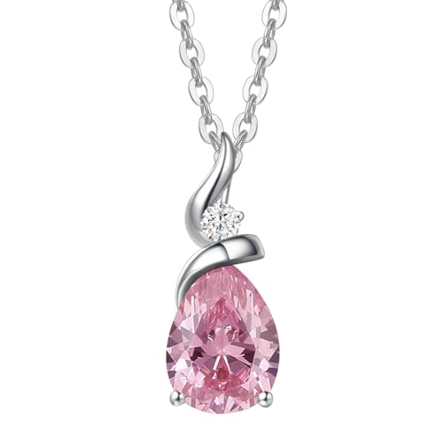 FANCIME Solide 14 Karat 585 Weiß Gold Tropfen Anhänger mit 925 Sterling Silber Kette Halskette mit Synthetisch Rosa Turmalin und echt Diamant Schmuck für Damen mit Geschenk Box