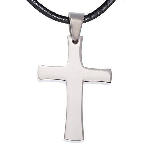DonDon Kautschuk Halskette mit Edelstahl Kreuz Anhänger in einem schwarzen Samtbeutel