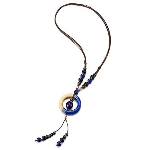 COOLSTEELANDBEYOND Boho Ethnischen Lange Statement Halskette Anhänger Holz Perlen Schwarz Blau Edelsteine Kette mit Kreis Charme