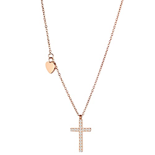 JewelryWe Schmuck Halskette Damen Kreuz Herz Anhänger Elegant Edelstahl Zirkonia Kette mit Gravur Muttertag Geschenk für Frau Rosegold
