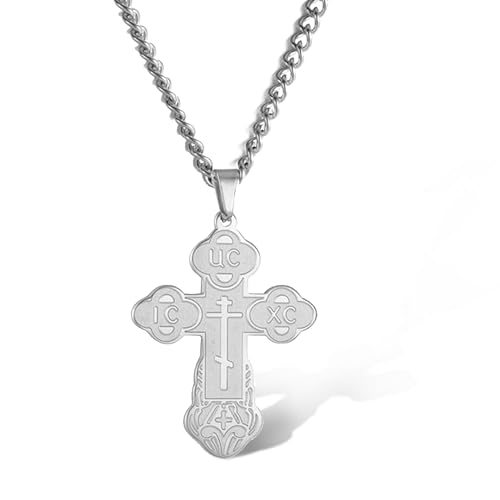 SIPURIS Orthodoxe Kreuz Halskette für Männer Jesus Christus Orthodoxe Kruzifix Anhänger Edelstahl Religiöser Christlicher Schmuck Geburtstagsgeschenk (Silber)