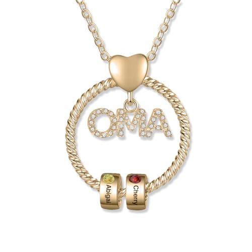 Personalisierte OMA Kette Damen mit 1–5 Namen Halskette Anhänger Damen Schmuck Mutter Tochter Geschenk für Frauen Mama Oma Zum Geburtstag Weihnachten Muttertag (Rund-Gold-2 Geburtssteine ​​2 Namen)