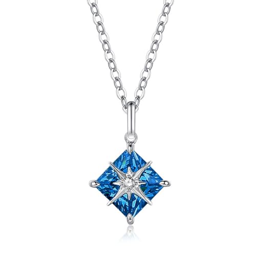 FANCIME London Blue Topaz Halskette Damen, 14K Massiv 585 Weißgold Princess Dream Anhänger mit Sterling Silber Kette Dezember Geburtsstein Blau Quadratischer Edelstein Schmuck Geschenke für Frauen