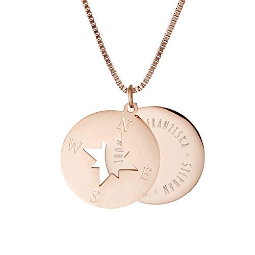 Gravado Kette mit 2 Anhängern aus Roségold-Edelstahl mit Kreis und Kompass, Personalisiert mit Namen, inkl. Geschenkbox, Damen Schmuck, Länge ca. 55 cm