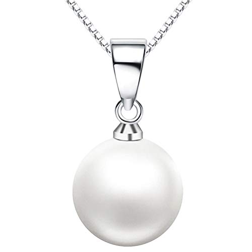 Ditz Damen 925 Silber Kette mit Perlen Perlenkette Halskette Perle-Anhänger Perlenschmuck Weiß 10mm Brautschmuck Geschenk