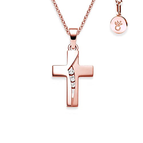 Amoonic Kreuz Kette Mädchen Rosegold (Silber 925 vergoldet)| Kreuz-Anhänger Halskette | Kinder-Schmuck Erst-Kommunion Tauf-Geschenk Konfirmation Firmung Geburt Taufe | Goldkette Kreuzkette Taufkette