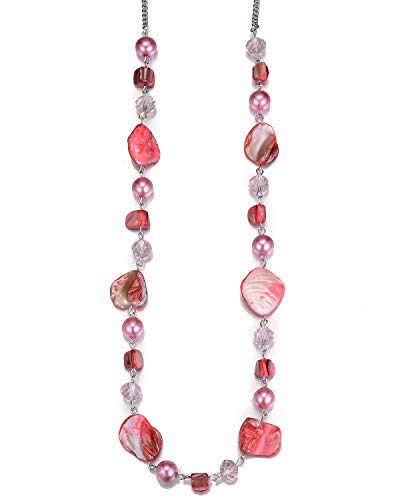 Bulinlin Damen Lange Perlenkette Statement Boho Silber Metallkette Hochzeitstag Modeschmuck Geschenke Pullover Halskette für Frauen（35-Pink）