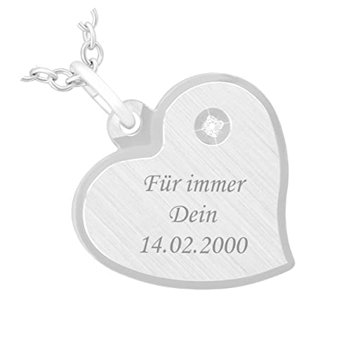 Hanessa 925 Sterling Silber Kette mit Gravur 42 + 3 cm mit Anhänger Herz mit Strass-Stein in silber - Personalisierte Halskette Damen Silberkette Schmuck - Geschenke personalisiert