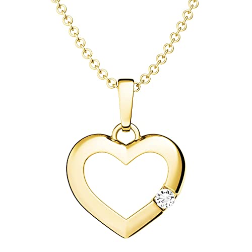 Herzkette Gold Damen Zirkonia Stein Damen-Kette GRATIS Etui mit Gravur (Silber 925 vergoldet) Echt-Schmuck Herz-Anhänger Halskette wie Diamant Gold-Kette Frauen Freundin klein fein FF518VGGGZIFA45