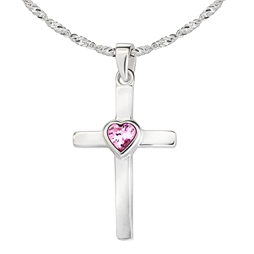 CLEVER SCHMUCK Mädchen Halskette Kreuz Anhänger 22 mm Herz Zirkonia rosa Kette Singapur 40 cm Sterling Silber 925 zur Kommunion Konfirmation im Schmucketui