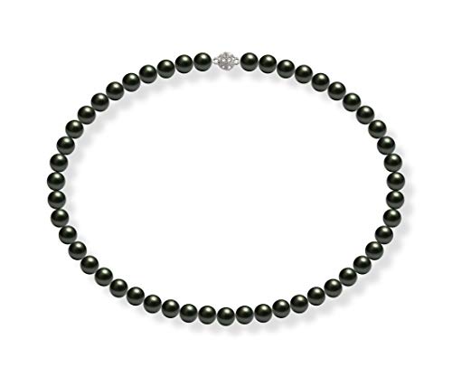 Schmuckwilli Perlenkette für Damen - 45cm Länge mit 8mm großen schwarzen runden Mallorca Perlen - Elegante Muschelkernperlen Kette für jeden Anlass