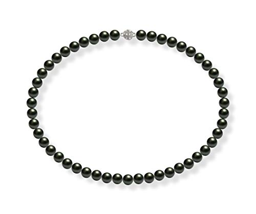 Schmuckwilli Perlenkette für Damen Magnetverschluß - 50cm Länge mit 8mm großen schwarzen runden Mallorca Perlen - Muschelkernperlen Kette für jeden Anlass - die Halskette Pearl Necklace für Frauen