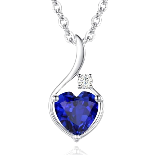 FANCIME Solide 14 Karat 585 Weiß Gold Anhänger Kette mit Herz Erstellter Saphir und 0.032ct echt Diamant, Feine Geschenk Schmuck für Damen Mädchen, 925 Silber Kette: 40 + 5 cm