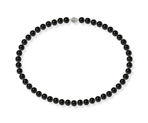 Schmuckwilli Perlenkette für Damen Magnetverschluß - 42cm Länge mit 8mm großen schwarzen runden Mallorca Perlen - Muschelkernperlen Kette für jeden Anlass - die Halskette Pearl Necklace für Frauen