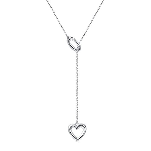 Flyow Damen Lange Kette 925 Sterling Silber Verstellbar Y Kette mit Herz und Kreis Anhänger Halskette