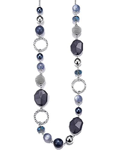 Bulinlin Damen Lange Perlenkette Statement Boho Silber Metallkette Hochzeitstag Modeschmuck Geschenke Pullover Halskette für Frauen（Navy blue）