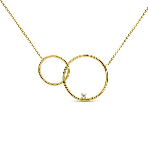 Miore Schmuck Damen 0.01 Ct Diamant Halskette mit Kettenanhänger Doppel Ring Kreis und Solitär Diamant Brillant Kette aus Gelbgold 14 Karat / 585 Gold, Länge Einstellbar 42-45cm