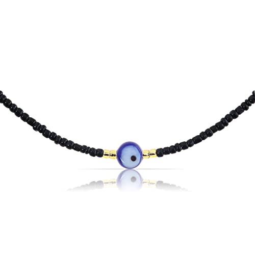Made by Nami Perlen-Choker Halskette mit Anhänger • Minimalistische Damen Perlen-Kette • Filigranes Mädchen Perlenhalsband • Wasserfest & Verstellbar • Handmade Strand & Surfer-Schmuck (Schwarz Nazar)
