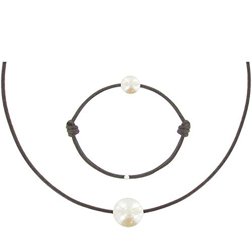 LES POULETTES BIJOUX - Halskette und Armband Set Weiß Pearl 8-9 mm mit Wachskordel - Classics - Dunkelbraune