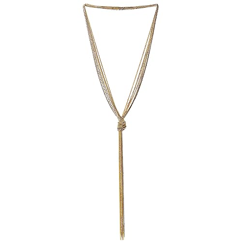 COOLSTEELANDBEYOND Bohe Chic Silber Gold Lariat Halskette Statement Franse Quaste Anhänger Strass Multi-Strang Lange Kette Y-Form