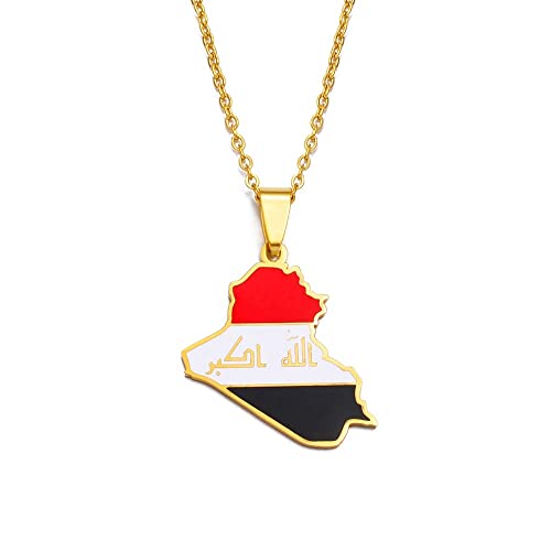 MTCDBD Republik Irak Karte Halskette Für Unisex Schmuck, Irak Karte Anhänger Mit Flagge Party Kleid Accessoires Ethno-Stil, Charm Patriotisches Symbol Halskette Geschenk, Gold, 60 cm Kette